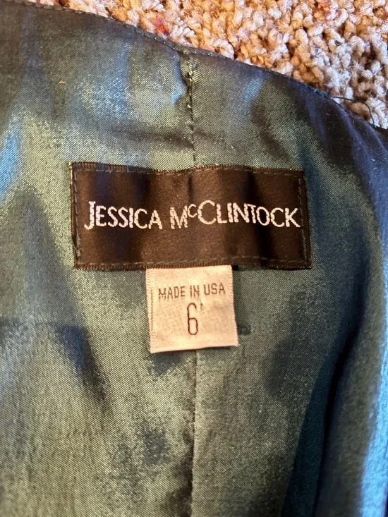 Jessica McClintock Teal Strapless Satin Dress with Rosette Trim - Picture 4 of 4